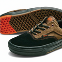 Brown and black Vans shoes with orange sole on a white background