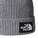 Gray knit beanie with The North Face logo on a white background