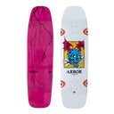 Two skateboard decks, one pink with black patterns and the other white with colorful graphics, on a white background.