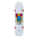 Skateboard deck with colorful graphic design and 'Arbor' branding on a white background