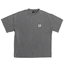 A washed dark gray short-sleeve t-shirt with a small graphic on the left chest, displayed flat against a solid white background.