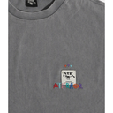A close-up of a gray heather crewneck t-shirt featuring a white embroidered chest patch with the ATE logo and colorful 'A TERROR' text below it.