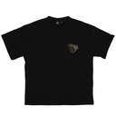 A black short-sleeve crewneck t-shirt with a small distressed metallic gold graphic on the left chest, displayed flat against a solid white background.