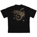 A black short-sleeve t-shirt shown flat against a white background, featuring a large distressed tan graphic on the back with the word 'ATMOSFERA' and a circular animal head design.