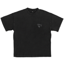 A washed black short-sleeve t-shirt with a small dark gray graphic on the left chest, displayed flat against a solid white background.