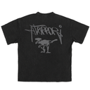 A black short-sleeve t-shirt shown from the back, featuring a large gray graphic print of the word 'ATKIPORI' in a graffiti-style font above a silhouette of a dinosaur.