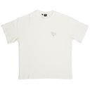 An off-white short-sleeve crewneck t-shirt with a small beige graphic on the left chest, displayed flat against a white background.
