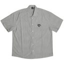 A short-sleeve button-up shirt with thin vertical black and white stripes, featuring a black embroidered logo on the left chest and a black neck label.