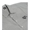 Close-up of a striped button-up shirt with thin black and white vertical stripes, featuring a black embroidered logo on the chest and a black neck label.