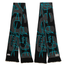 Two black scarves with blue and gray abstract patterns on a white background