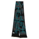 Black scarf with blue abstract patterns on a white background