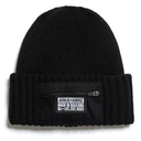 Black beanie with a patch displaying text on a white background