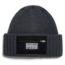 Dark gray beanie with a black patch featuring text on a white background