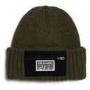 Green beanie with a black patch displaying text on a white background