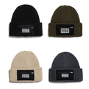 Four beanies in black, green, beige, and gray with brand labels on a white background