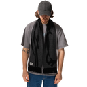 Man wearing a black scarf with a logo, gray t-shirt, and dark jeans on a white background