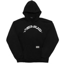 Black hoodie with white graphic design on a white background