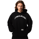 Person wearing a black hoodie with a logo on a white background