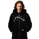 Person wearing a black hoodie with a logo on a white background