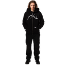 Person wearing a black hoodie with a logo on a white background