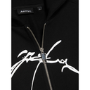 Black hoodie with white zipper and branding on a white background