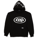 Black hoodie with white logo and text on a white background