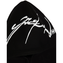 Black hoodie with white branding on a white background