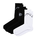Three pairs of socks, two black and one white, with branding on a white background.