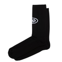 Black sock with a white logo on a white background