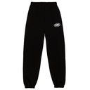 Black sweatpants with a logo on a white background