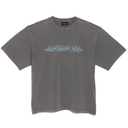 Gray t-shirt with a blue logo on a white background