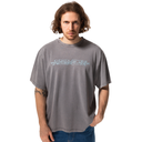 Man wearing a gray t-shirt with a logo on a white background