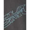 Close-up of a gray fabric with a white line drawing of a hand holding a brick.