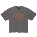 Gray t-shirt with orange graphic design on a white background