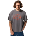 Man wearing a gray t-shirt with a red graphic design on a white background