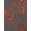 Gray t-shirt with red graphic design of a car on a white background