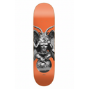 An orange skateboard deck featuring a detailed black and white graphic of a horned deity figure seated on a globe, shown against a plain white background.