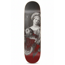 A skateboard deck featuring a dark, gothic art print of a woman holding a dying man, with a deep red gradient at the bottom and a small white stylized 'V' logo near the top.