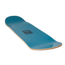 Blue skateboard deck with a logo on a white background