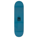 Blue skateboard deck with a logo on a white background