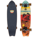 Two views of a skateboard with a colorful design on a white background