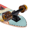 Close-up of a skateboard with transparent wheels on a white background