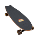 Longboard with a black deck and wooden wheels on a white background