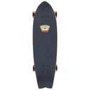 Black skateboard deck with a visible brand logo on a white background