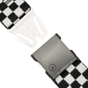 Black and white checkered belt with white and black buckle on a white background