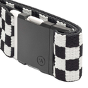 Black and white checkered belt with a black buckle on a white background