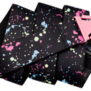 Black fabric with colorful splatter pattern and pink text on a white background