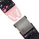 Belt with colorful pattern and pink and black buckles on a white background