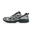 Black running shoe with unique sole design on a white background