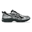 A single ASICS athletic shoe in black, gray, and white, shown from a side profile view against a plain white background.